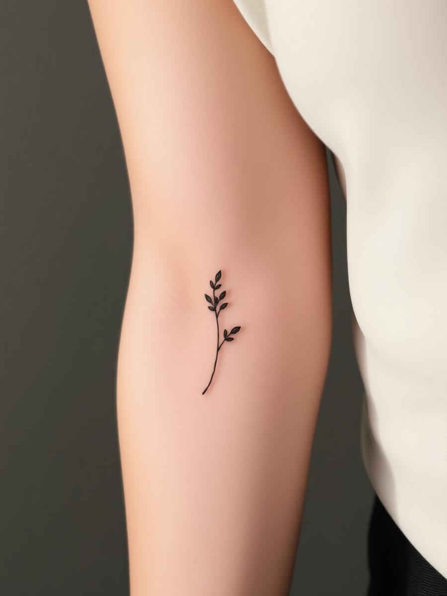 Fine line botanical stem tattooed on an inner arm
