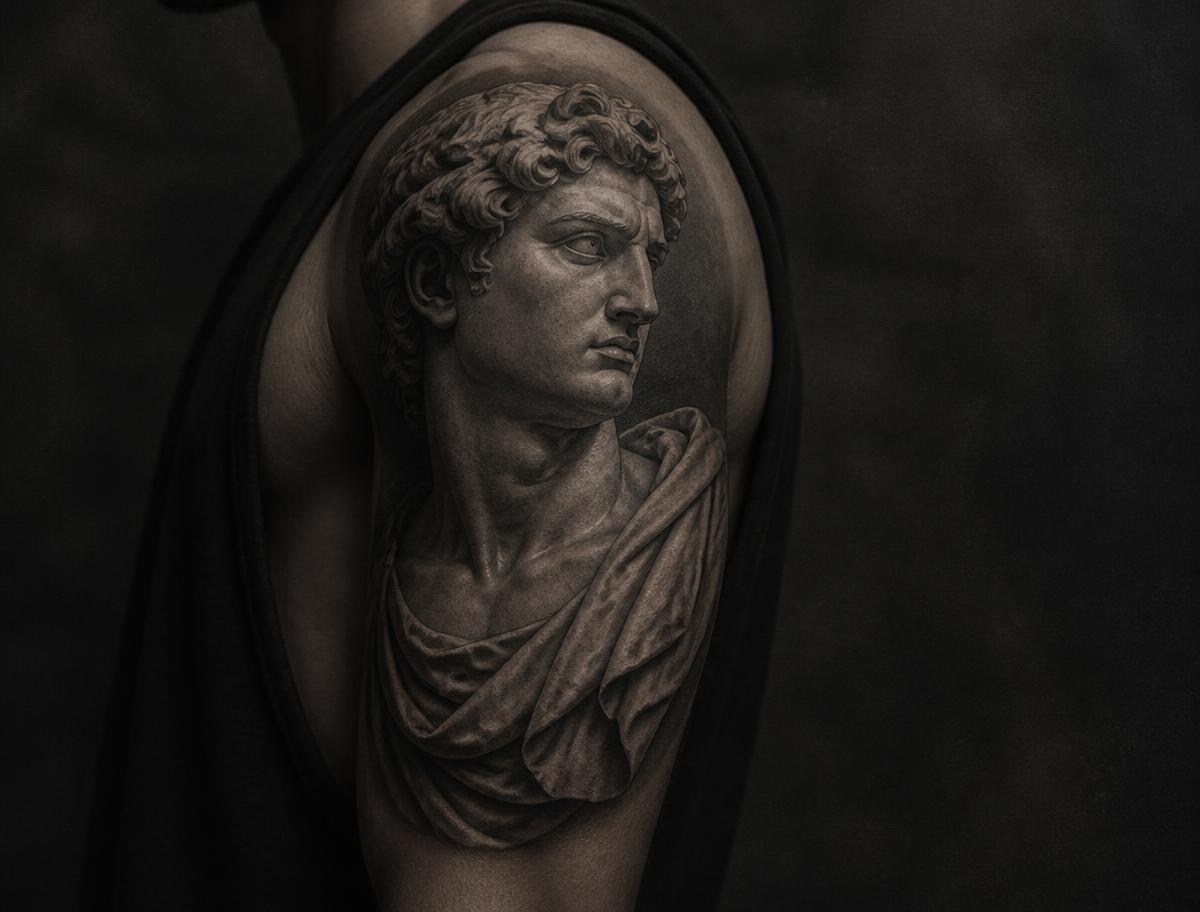 Black and grey classical bust tattooed on a shoulder