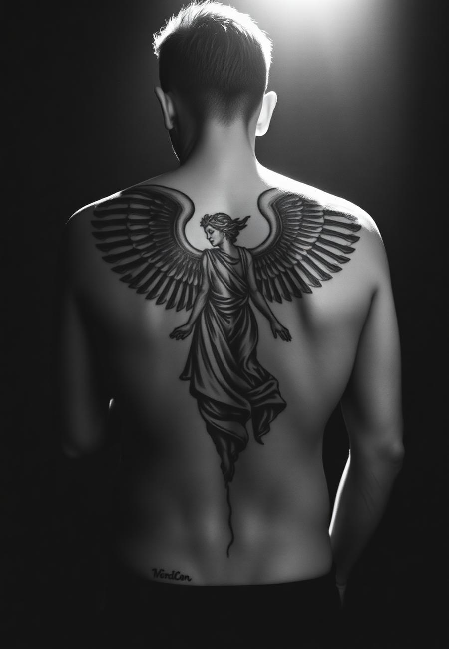 Black and grey winged classical figure tattooed across a back