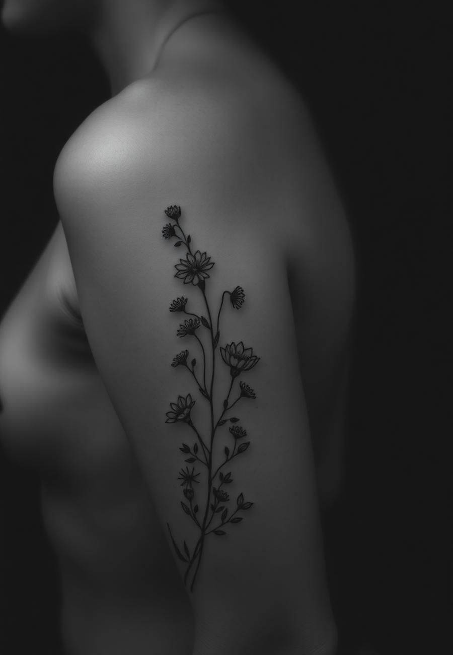Delicate wildflower tattoo along a shoulder and arm