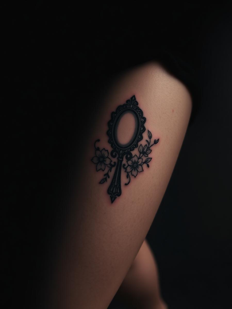 Fine line ornate mirror and florals tattooed on a thigh