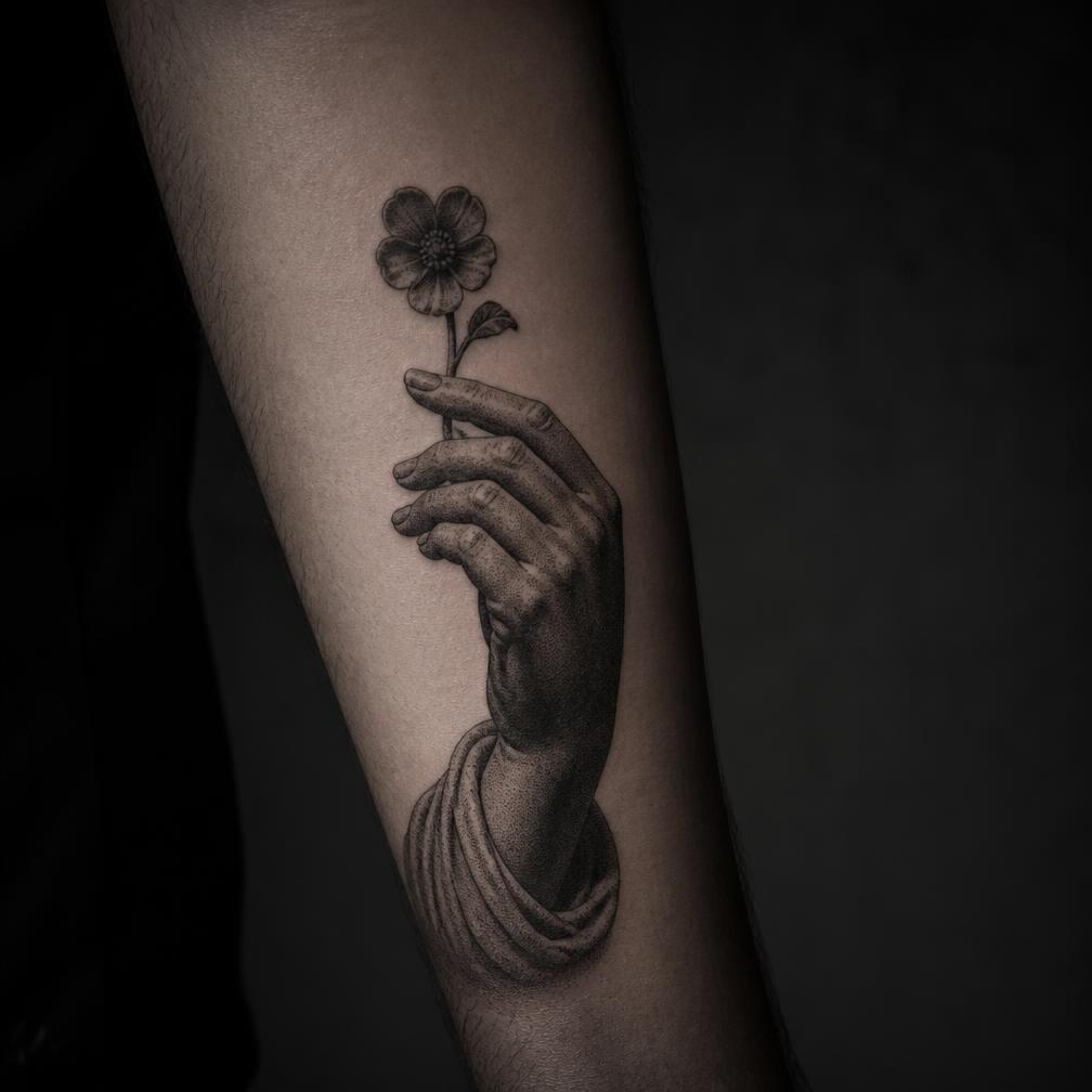Black and grey statue hand holding a flower tattooed on a forearm