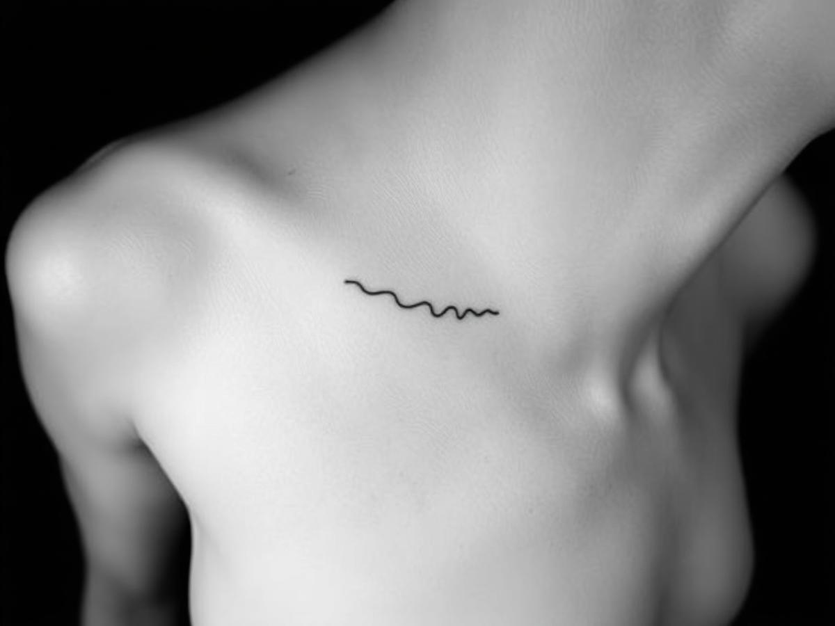 Minimal single line tattoo along a collarbone