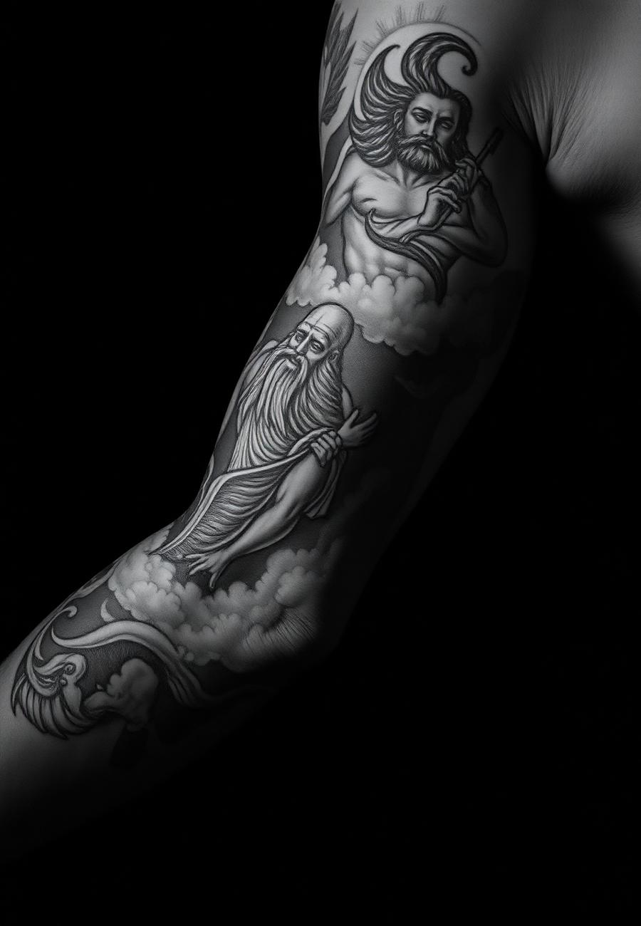 Black and grey mythological sleeve tattoo with clouds and figures