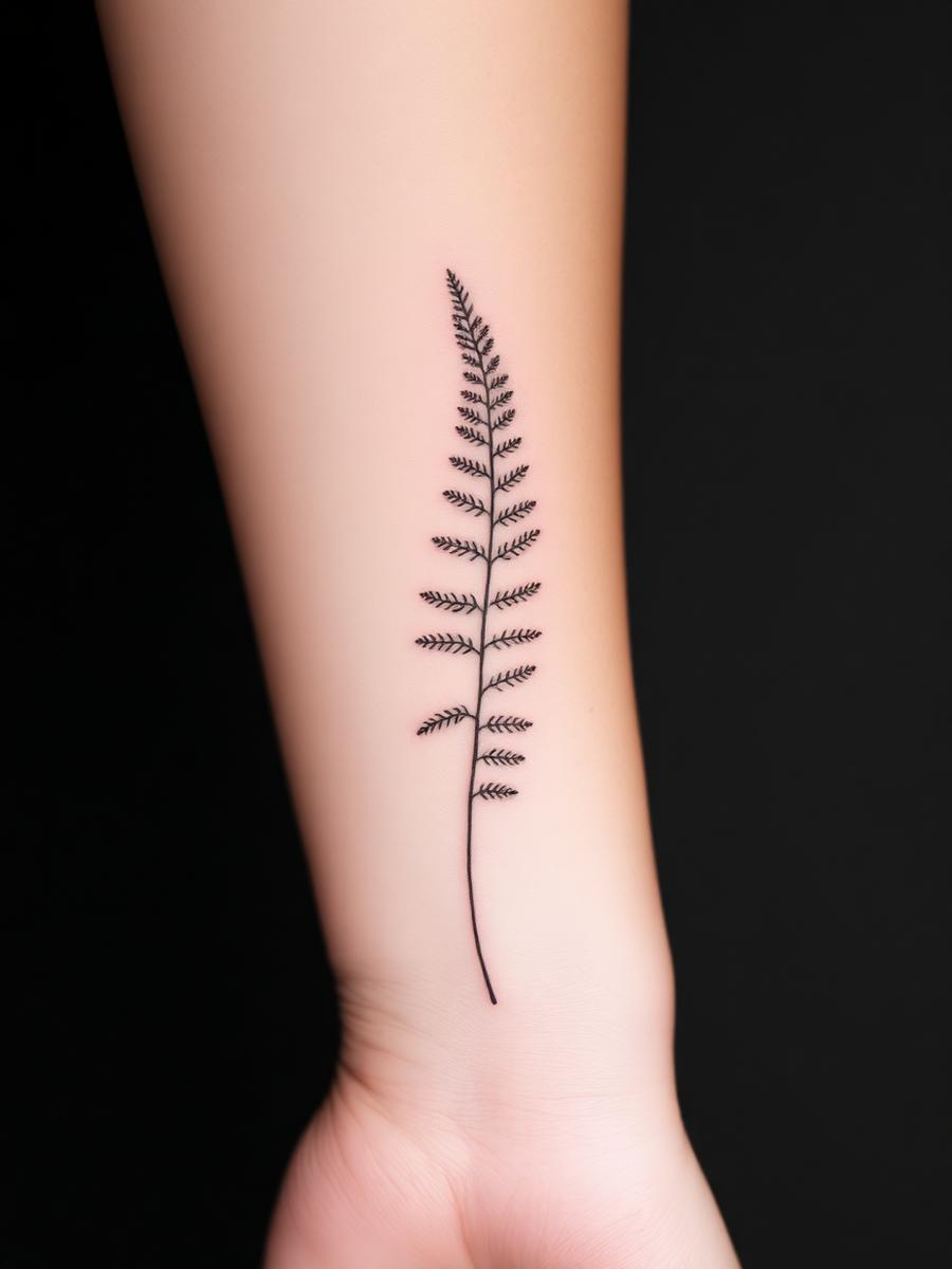 Fine line fern branch tattooed down a forearm