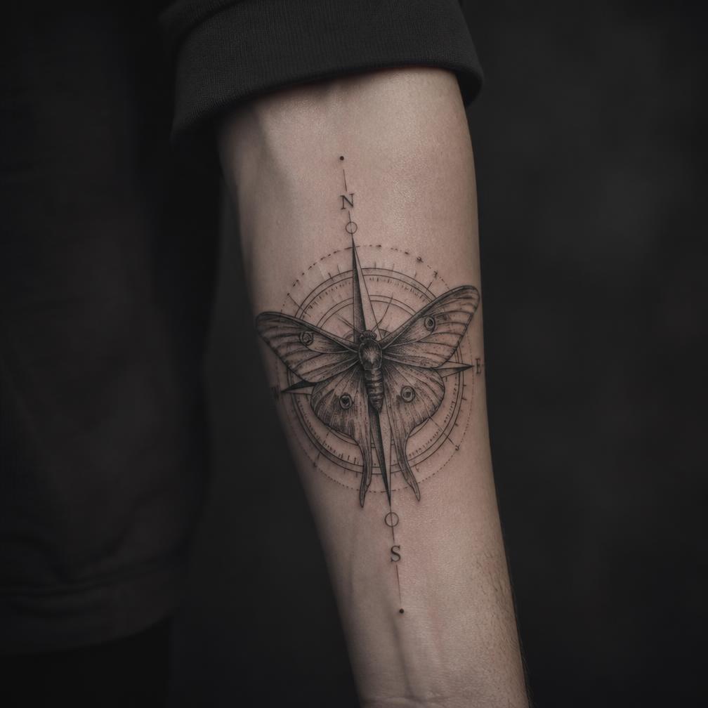 Black and grey moth and compass tattoo on a forearm